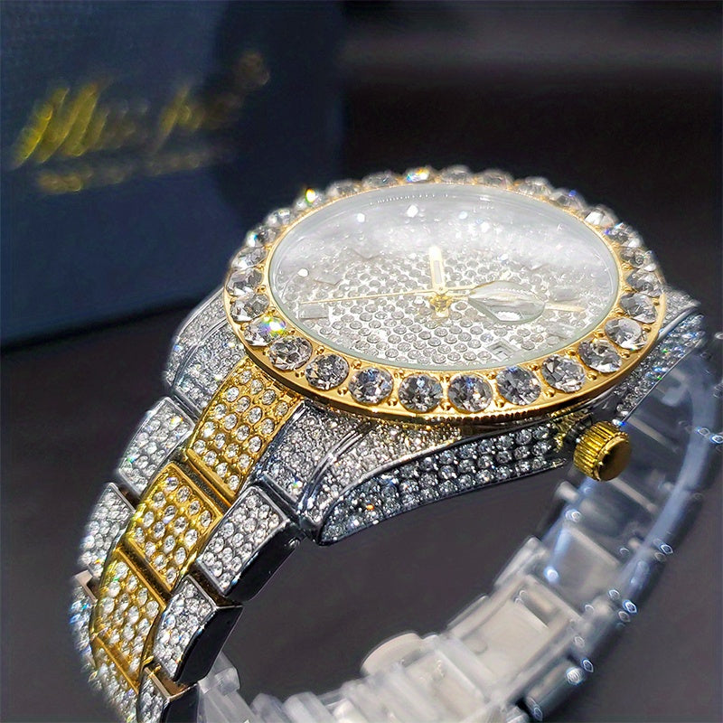 Men's Faux Diamond Quartz Watch, Hip Hop Rock Fashion Calendar Watch, Ideal Choice For Gifts