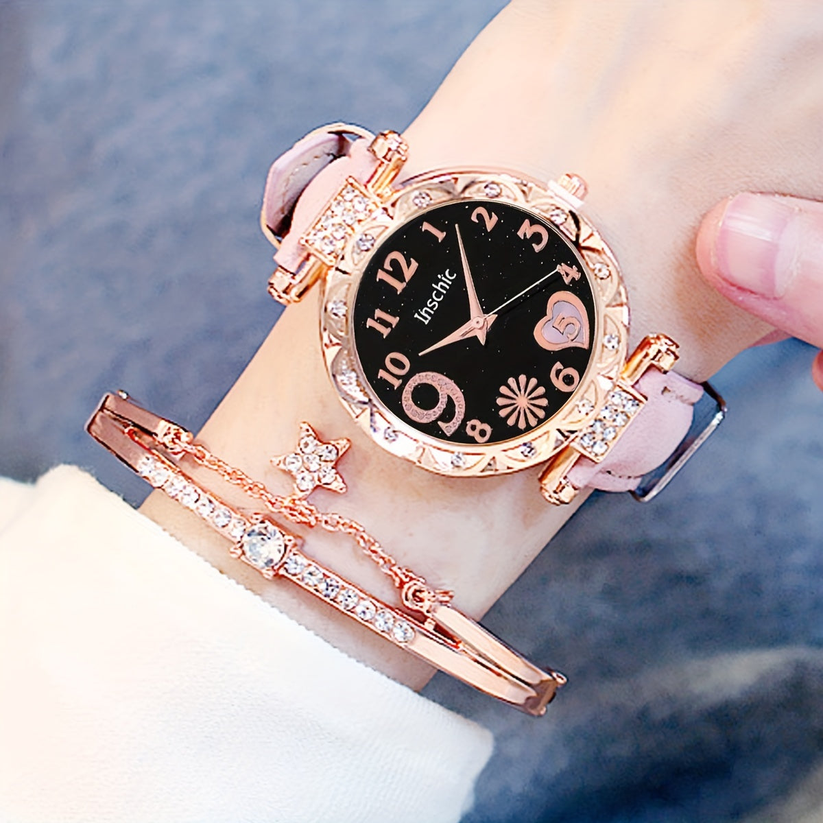 Love Starry Sky Girl Pink Watch And 1pc Rhinestone Bracelet, Gift For Friend