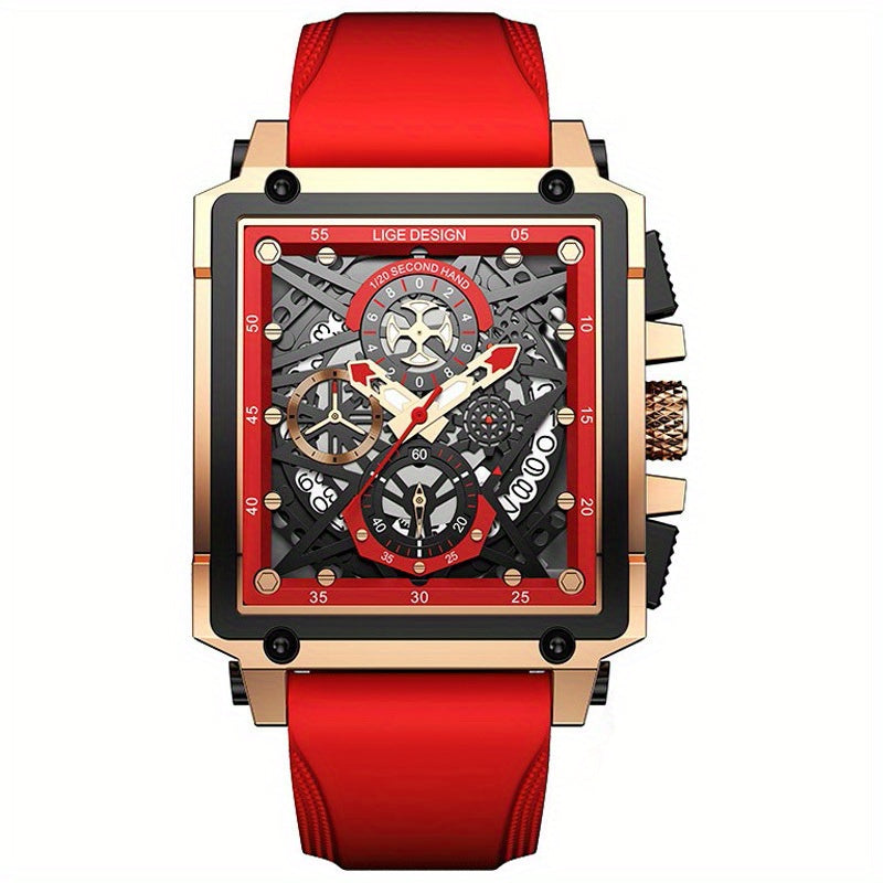 LIGE Men's Watch, Waterproof Quartz Square Wrist Watch For Men, Sports Silicone Watch