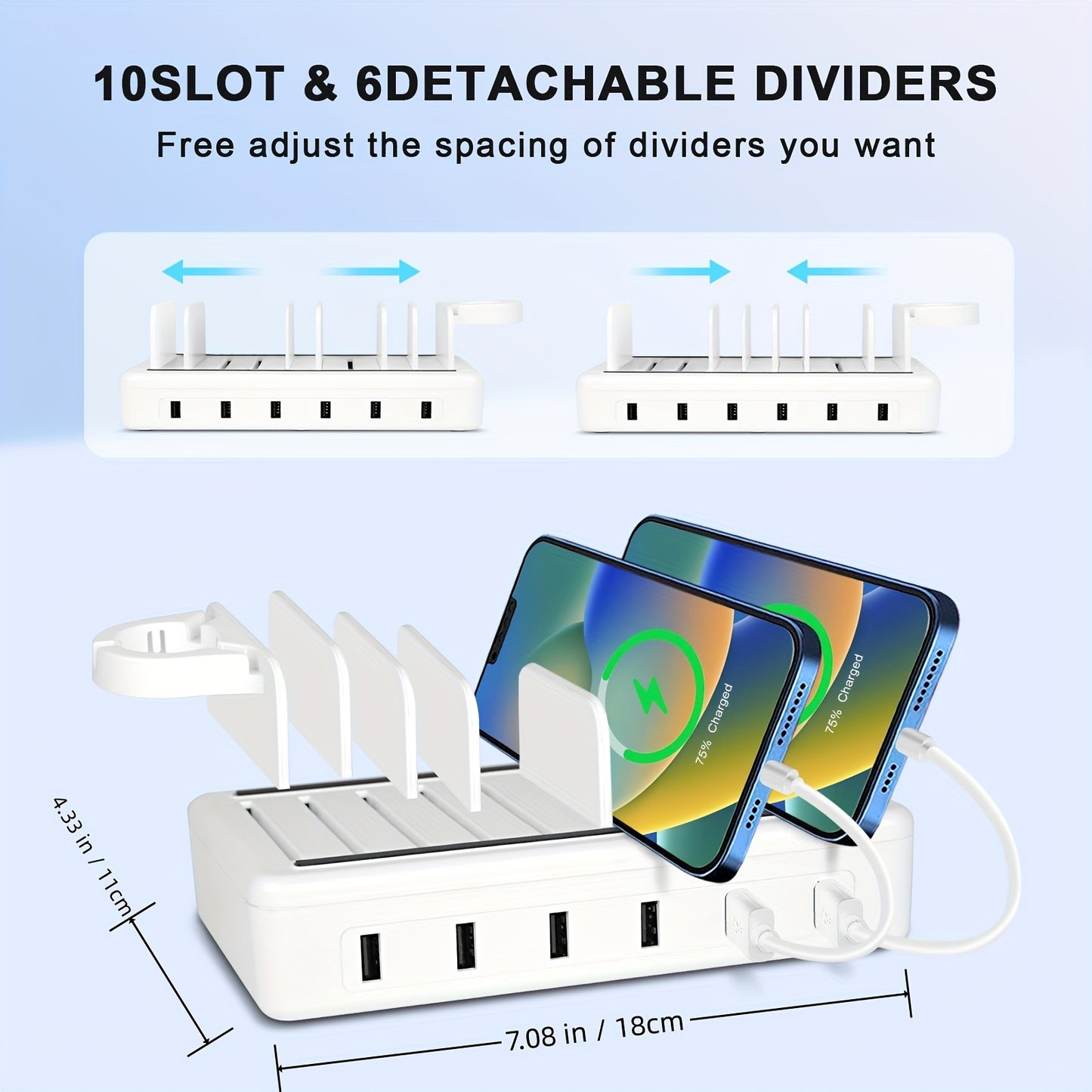 Fast Charging Station For Multiple Devices, 50W 6-Ports USB Charging Station With10-Slot, Detachable Dividers, Watch Holder, Compatible With Phone/iPad/Kindle/Tablet