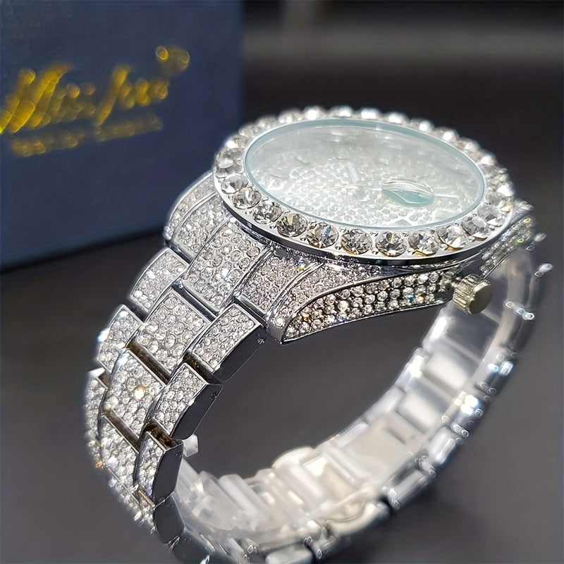 Men's Faux Diamond Quartz Watch, Hip Hop Rock Fashion Calendar Watch, Ideal Choice For Gifts