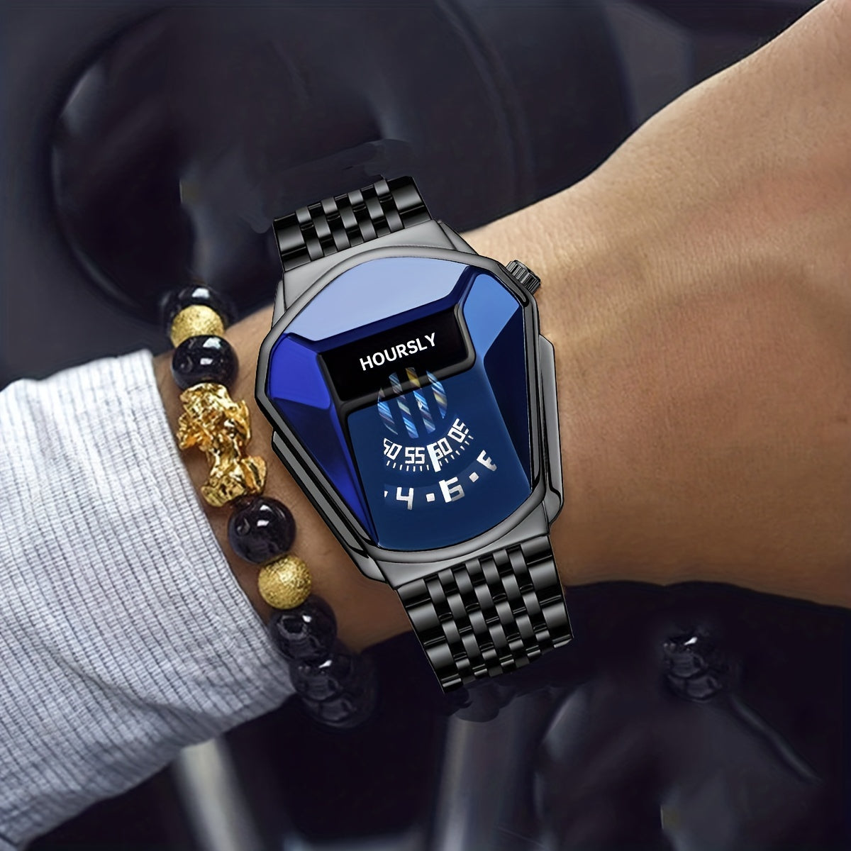 Men's Watch With A Unique Large Dial, Quartz Watch For Men, Racing Steel Strap Set