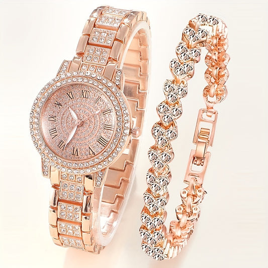Women's Watch Luxury Rhinestone Quartz Watch Rome Fashion Analog Wrist Watch & 1pc Bracelet, Gift For Mom Her