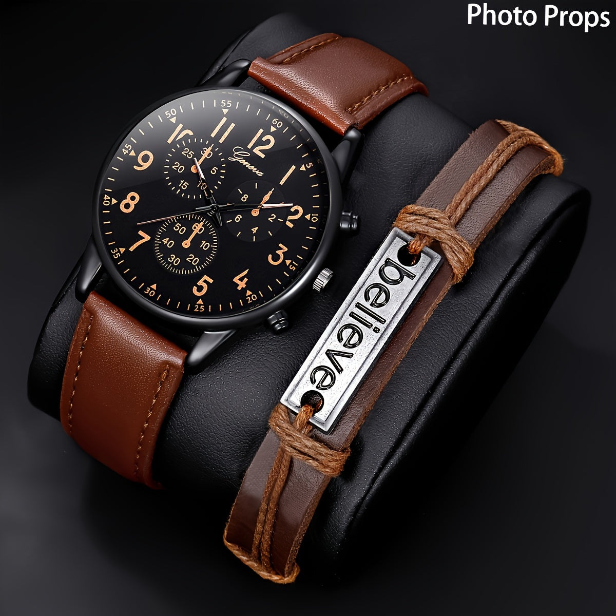 1pc Men's Simple Round Pointer Quartz Watch & 1pc Bracelet