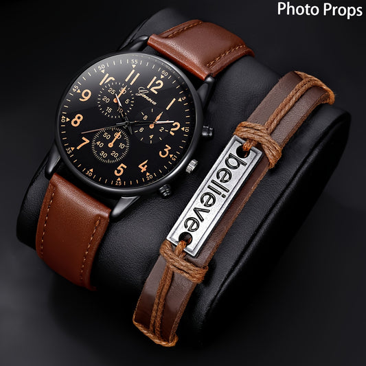 1pc Men's Simple Round Pointer Quartz Watch & 1pc Bracelet