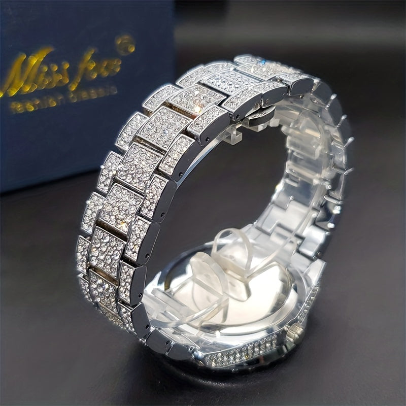 Men's Faux Diamond Quartz Watch, Hip Hop Rock Fashion Calendar Watch, Ideal Choice For Gifts