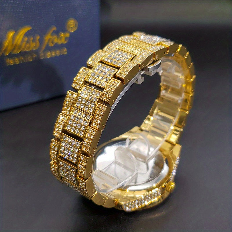 Men's Faux Diamond Quartz Watch, Hip Hop Rock Fashion Calendar Watch, Ideal Choice For Gifts