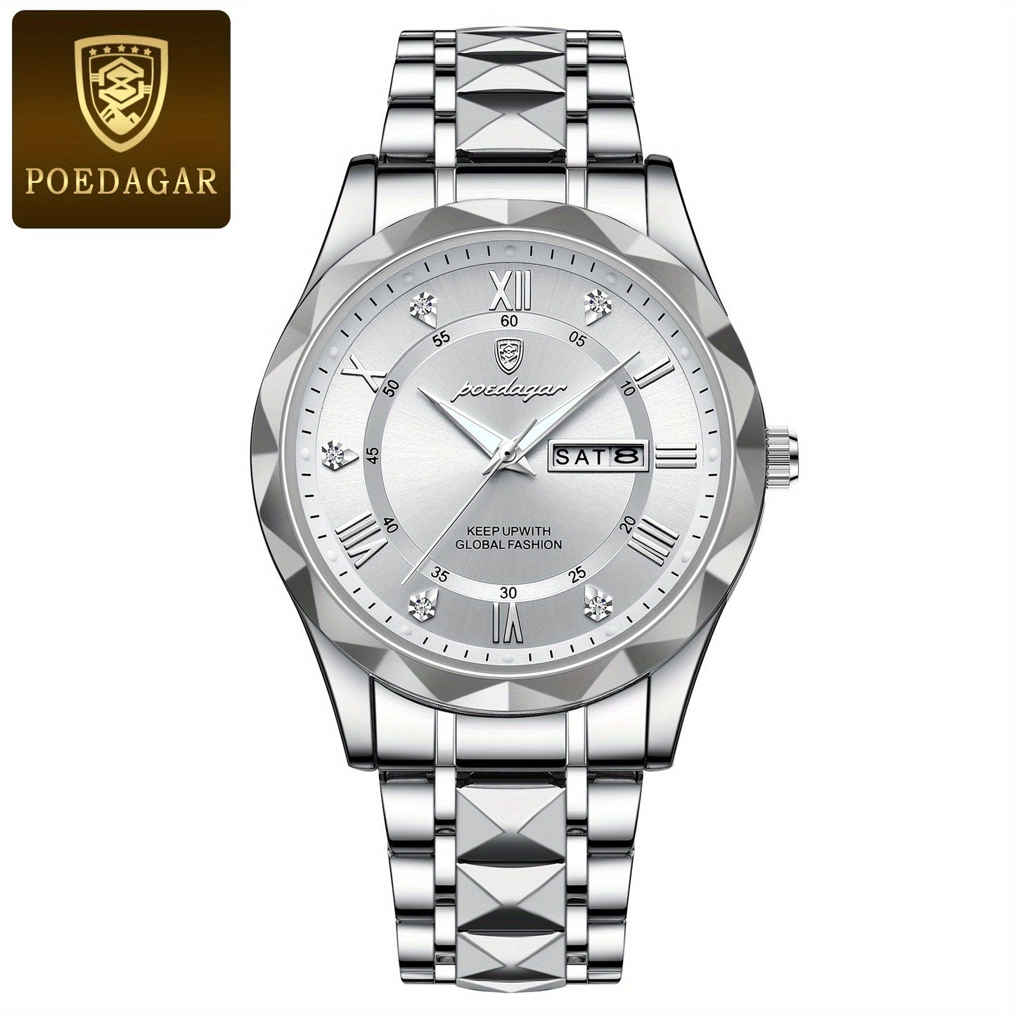 POEDAGAR Men's Stainless Steel Quartz Wristwatch, Luminous Calendar Men's Watch, Ideal Choice For Gifts