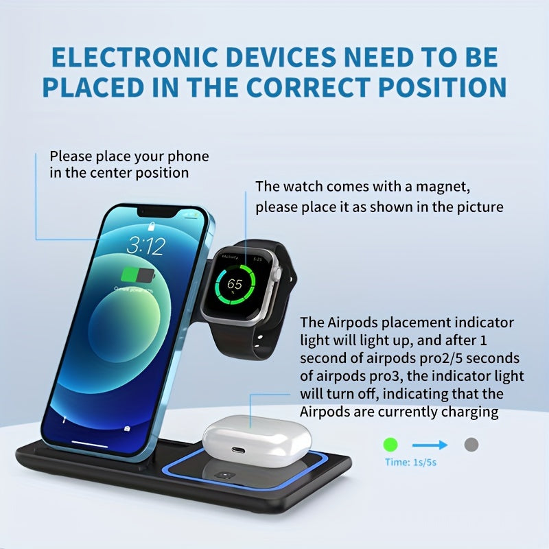 3-in-1 Fast Wireless Charging Station - Universal Compatibility for iPhone 15-8, Apple Watch 9-2, AirPods Pro 3-2 - 110V-130V US Plug Power Supply with USB-C Connector