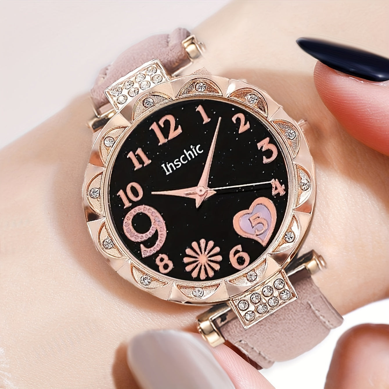 Love Starry Sky Girl Pink Watch And 1pc Rhinestone Bracelet, Gift For Friend