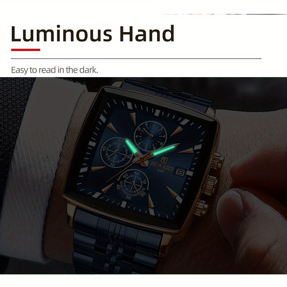 Stylish REWARD Men's Watch - Quartz Wrist Watch for Business, Blue Rectangle Face, Luminous Hands, Waterproof, Ideal Gift for Him, Perfect Accessory for Formal Occasions