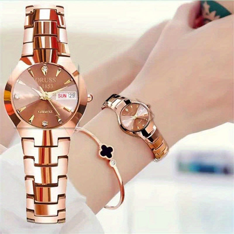 Stylish Rhinestone Dial Quartz Watch - Waterproof, Calendar, Analog Wristwatch for Daily Life, Business, Travel, and Dates