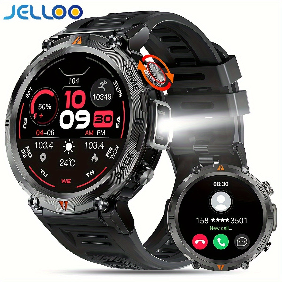 [Smart Watch] JELLOO 1.45 Inch Touchscreen Smart Watch | Fitness Tracker for Men, Answer/Make Calls, Rechargeable Battery, Zinc Alloy Body, Silicone Strap - Ideal for iPhone & Android, Minimalist Watch Design, Durable Watchba