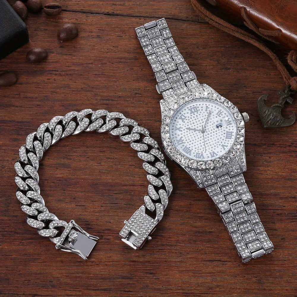Men's Hip-Hop Inspired Rhinestone Watch with Cuban Bracelet - Street Style Alloy Band, Quartz Movement, Street Street Style