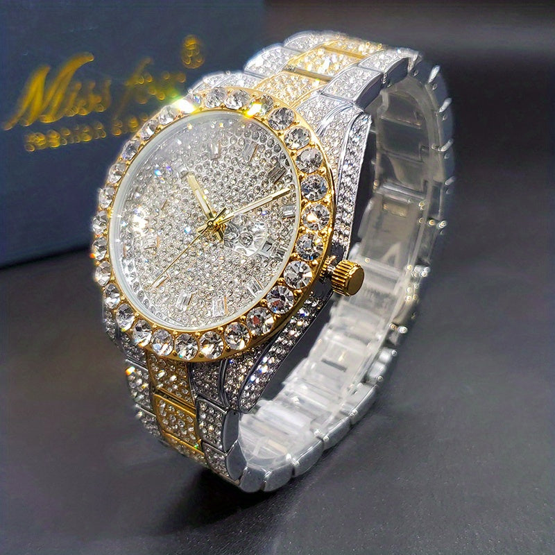 Men's Faux Diamond Quartz Watch, Hip Hop Rock Fashion Calendar Watch, Ideal Choice For Gifts