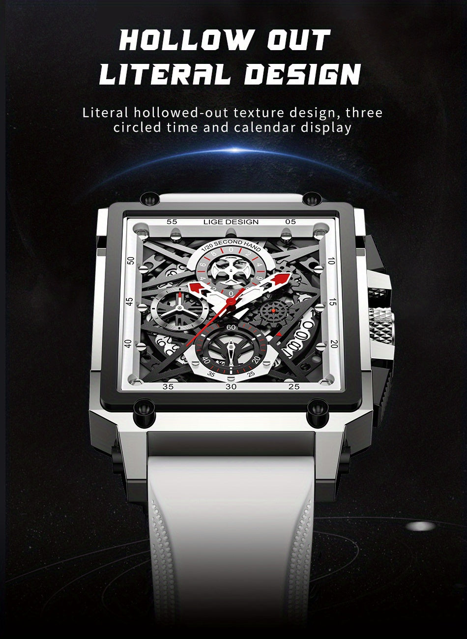 LIGE Men's Watch, Waterproof Quartz Square Wrist Watch For Men, Sports Silicone Watch