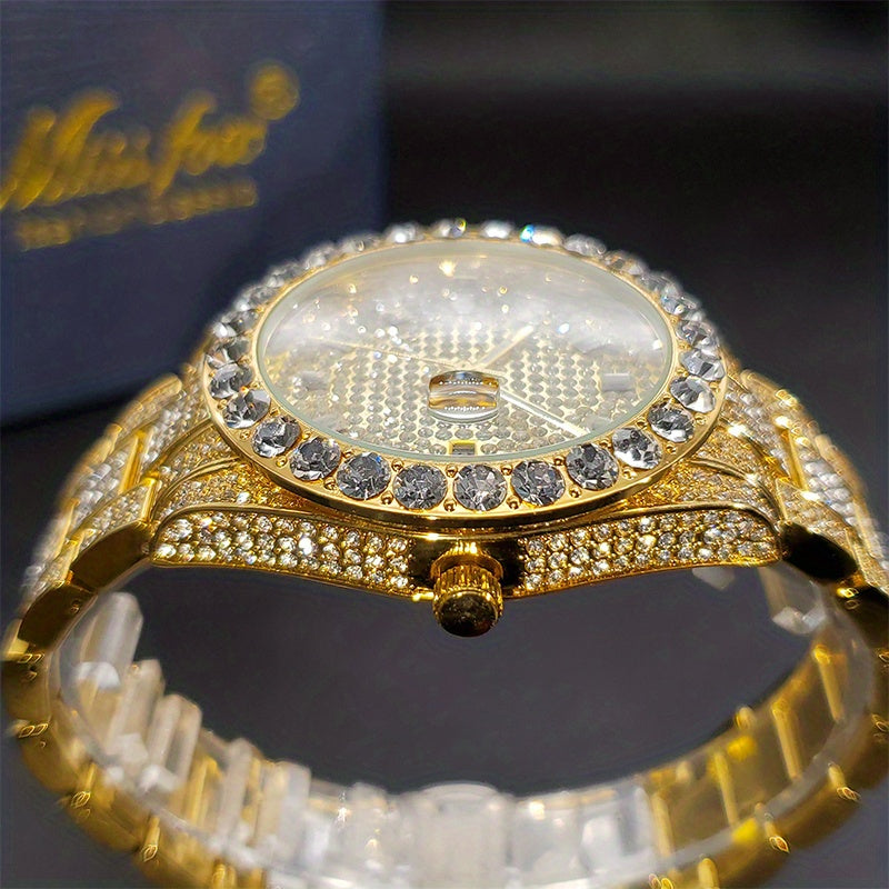 Men's Faux Diamond Quartz Watch, Hip Hop Rock Fashion Calendar Watch, Ideal Choice For Gifts