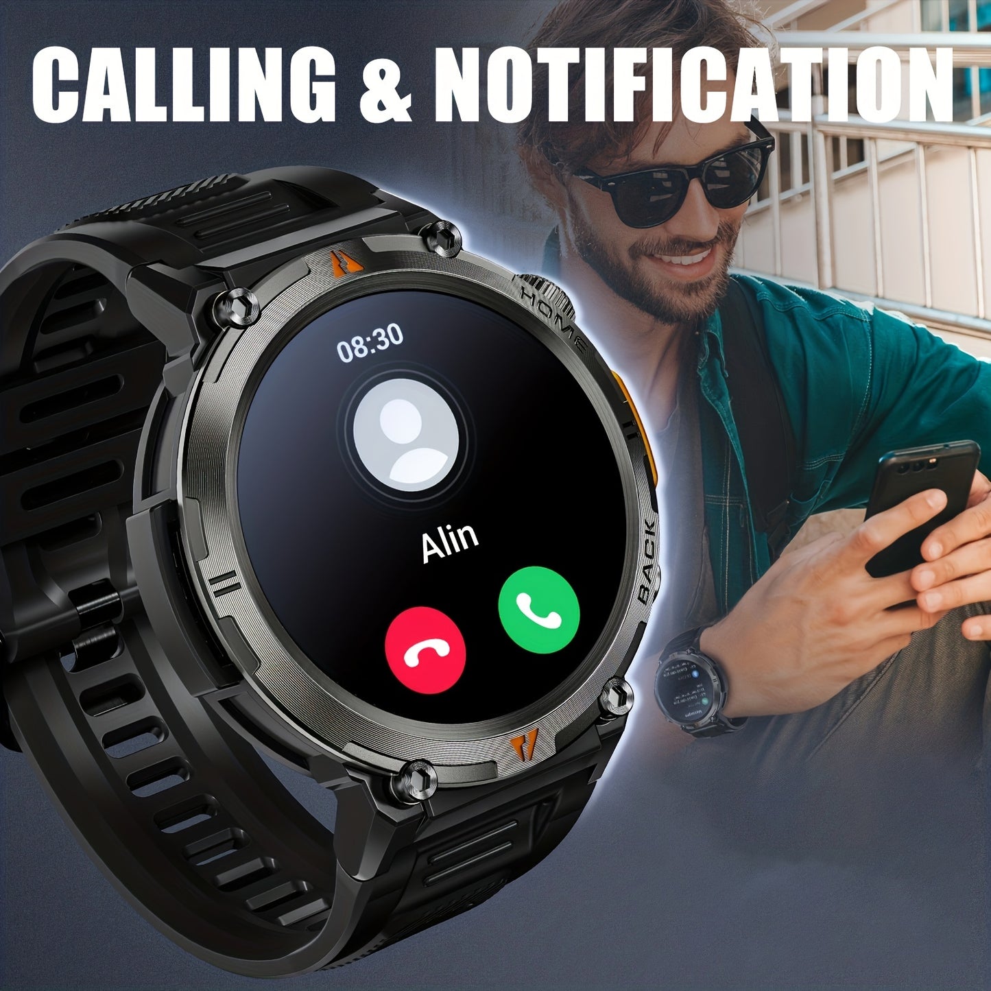 [Smart Watch] JELLOO 1.45 Inch Touchscreen Smart Watch | Fitness Tracker for Men, Answer/Make Calls, Rechargeable Battery, Zinc Alloy Body, Silicone Strap - Ideal for iPhone & Android, Minimalist Watch Design, Durable Watchba