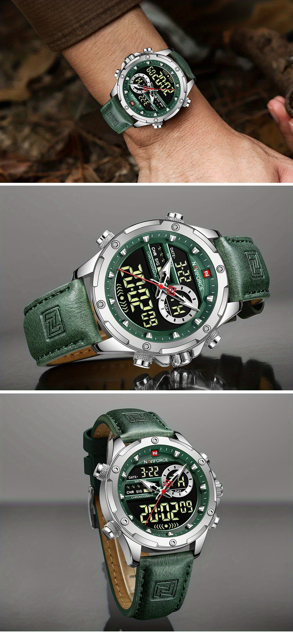 NAVIFORCE Men's Waterproof LED Dual Display Quartz Watch, Big Dial Chronograph Function Watch