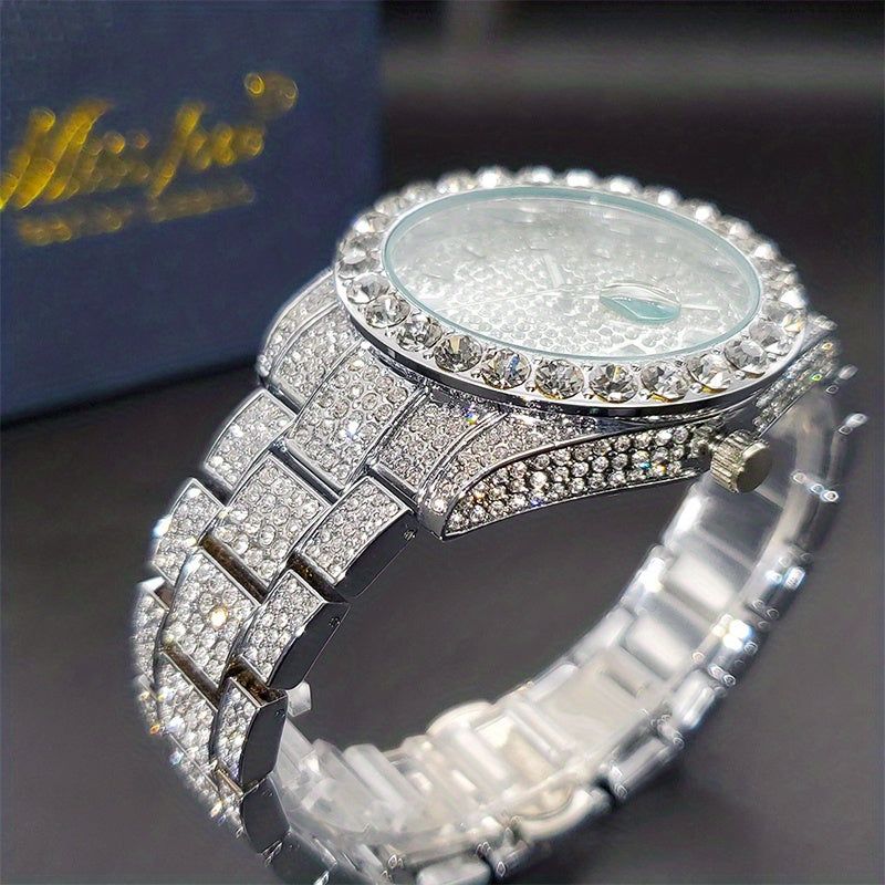 Men's Faux Diamond Quartz Watch, Hip Hop Rock Fashion Calendar Watch, Ideal Choice For Gifts