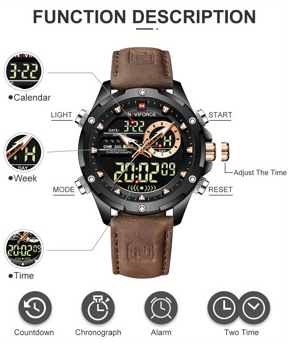 NAVIFORCE Men's Waterproof LED Dual Display Quartz Watch, Big Dial Chronograph Function Watch