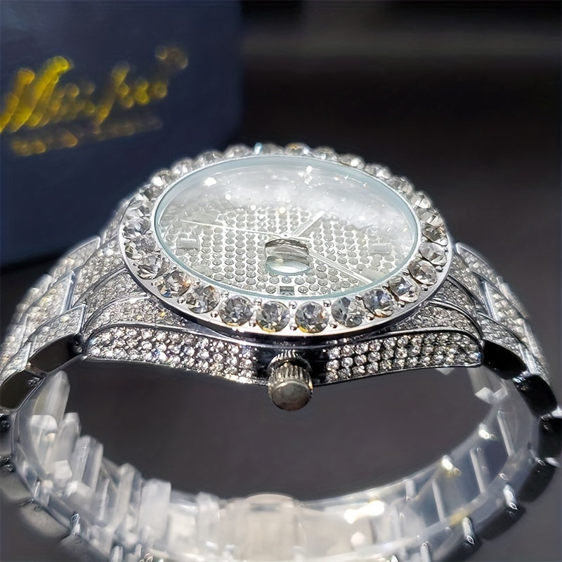 Men's Faux Diamond Quartz Watch, Hip Hop Rock Fashion Calendar Watch, Ideal Choice For Gifts