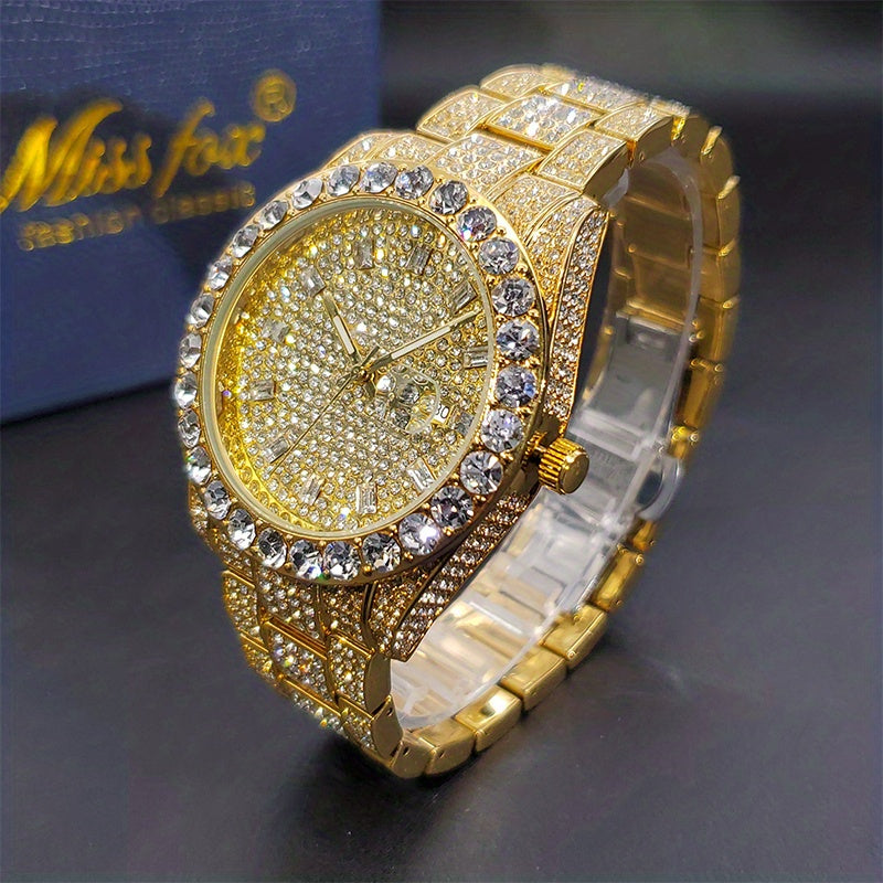 Men's Faux Diamond Quartz Watch, Hip Hop Rock Fashion Calendar Watch, Ideal Choice For Gifts