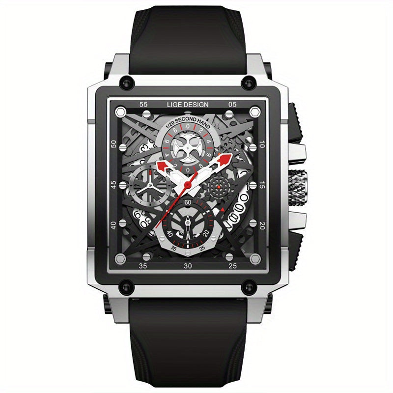 LIGE Men's Watch, Waterproof Quartz Square Wrist Watch For Men, Sports Silicone Watch