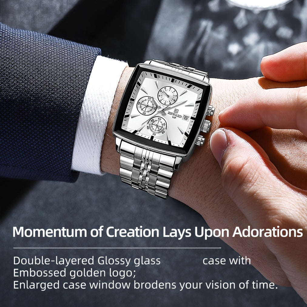 Stylish REWARD Men's Watch - Quartz Wrist Watch for Business, Blue Rectangle Face, Luminous Hands, Waterproof, Ideal Gift for Him, Perfect Accessory for Formal Occasions