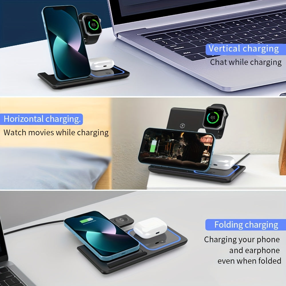 3-in-1 Fast Wireless Charging Station - Universal Compatibility for iPhone 15-8, Apple Watch 9-2, AirPods Pro 3-2 - 110V-130V US Plug Power Supply with USB-C Connector