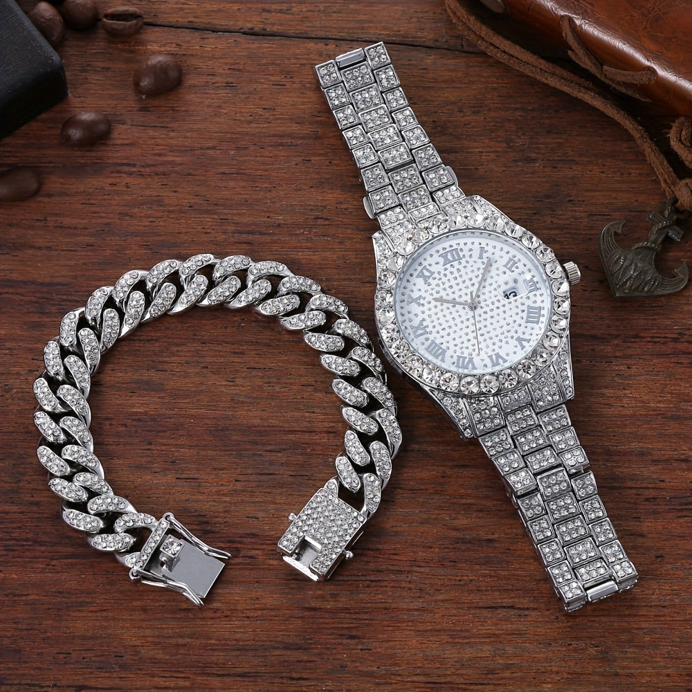 Men's Hip-Hop Inspired Rhinestone Watch with Cuban Bracelet - Street Style Alloy Band, Quartz Movement, Street Street Style