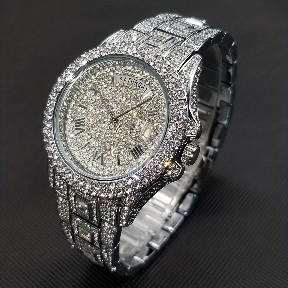 Elegant Golden Quartz Men's Watch - Waterproof, Date Function, with Sparkling Faux Diamonds
