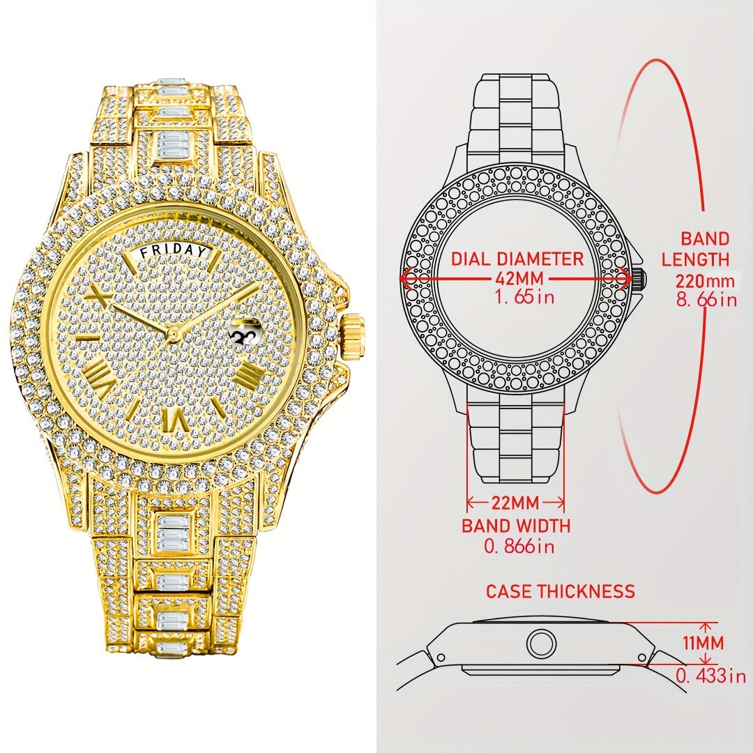 Elegant Golden Quartz Men's Watch - Waterproof, Date Function, with Sparkling Faux Diamonds