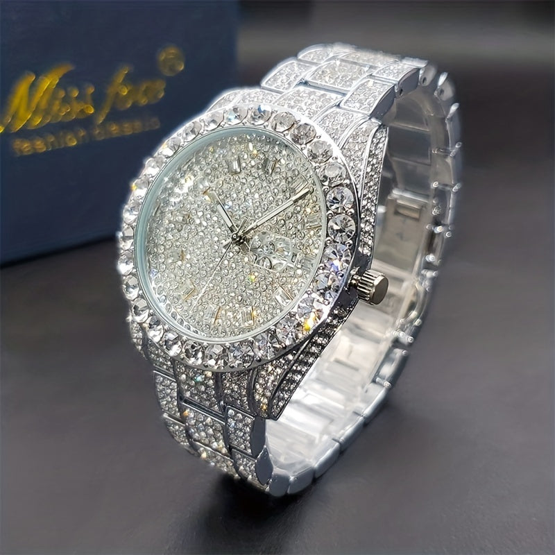 Men's Faux Diamond Quartz Watch, Hip Hop Rock Fashion Calendar Watch, Ideal Choice For Gifts