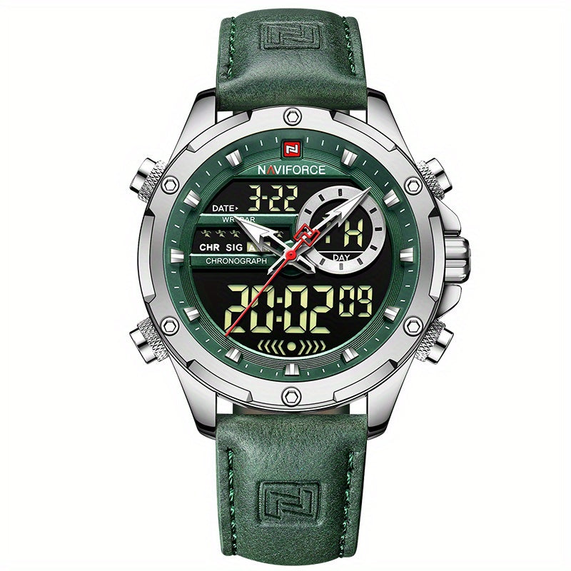NAVIFORCE Men's Waterproof LED Dual Display Quartz Watch, Big Dial Chronograph Function Watch
