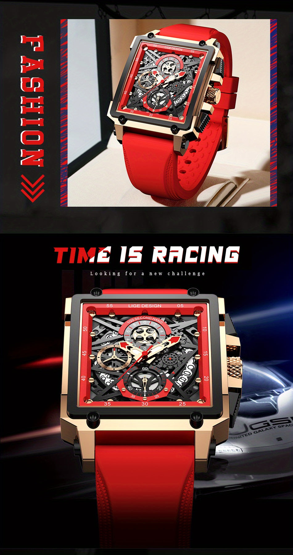 LIGE Men's Watch, Waterproof Quartz Square Wrist Watch For Men, Sports Silicone Watch