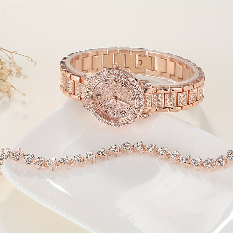 Women's Watch Luxury Rhinestone Quartz Watch Rome Fashion Analog Wrist Watch & 1pc Bracelet, Gift For Mom Her