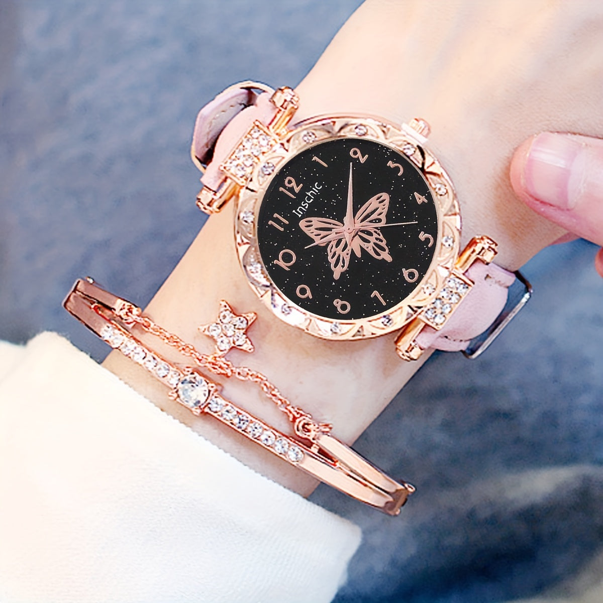 Love Starry Sky Girl Pink Watch And 1pc Rhinestone Bracelet, Gift For Friend
