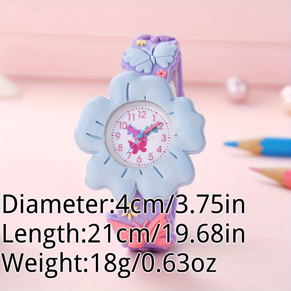 Adorable Girls' 3D Flower & Butterfly Cartoon Watch - Soft PVC, Skin-Friendly Silicone Band, Quartz Movement, Non-Waterproof, Blue