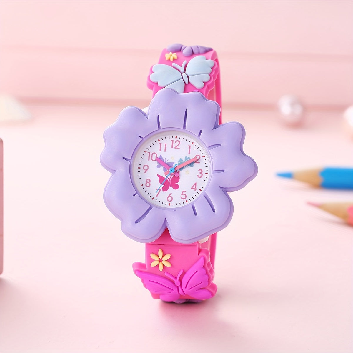 Adorable Girls' 3D Flower & Butterfly Cartoon Watch - Soft PVC, Skin-Friendly Silicone Band, Quartz Movement, Non-Waterproof, Blue