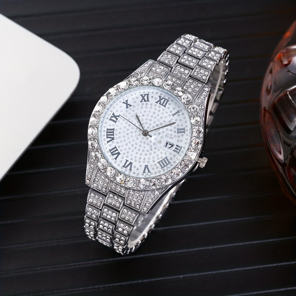 Men's Hip-Hop Inspired Rhinestone Watch with Cuban Bracelet - Street Style Alloy Band, Quartz Movement, Street Street Style