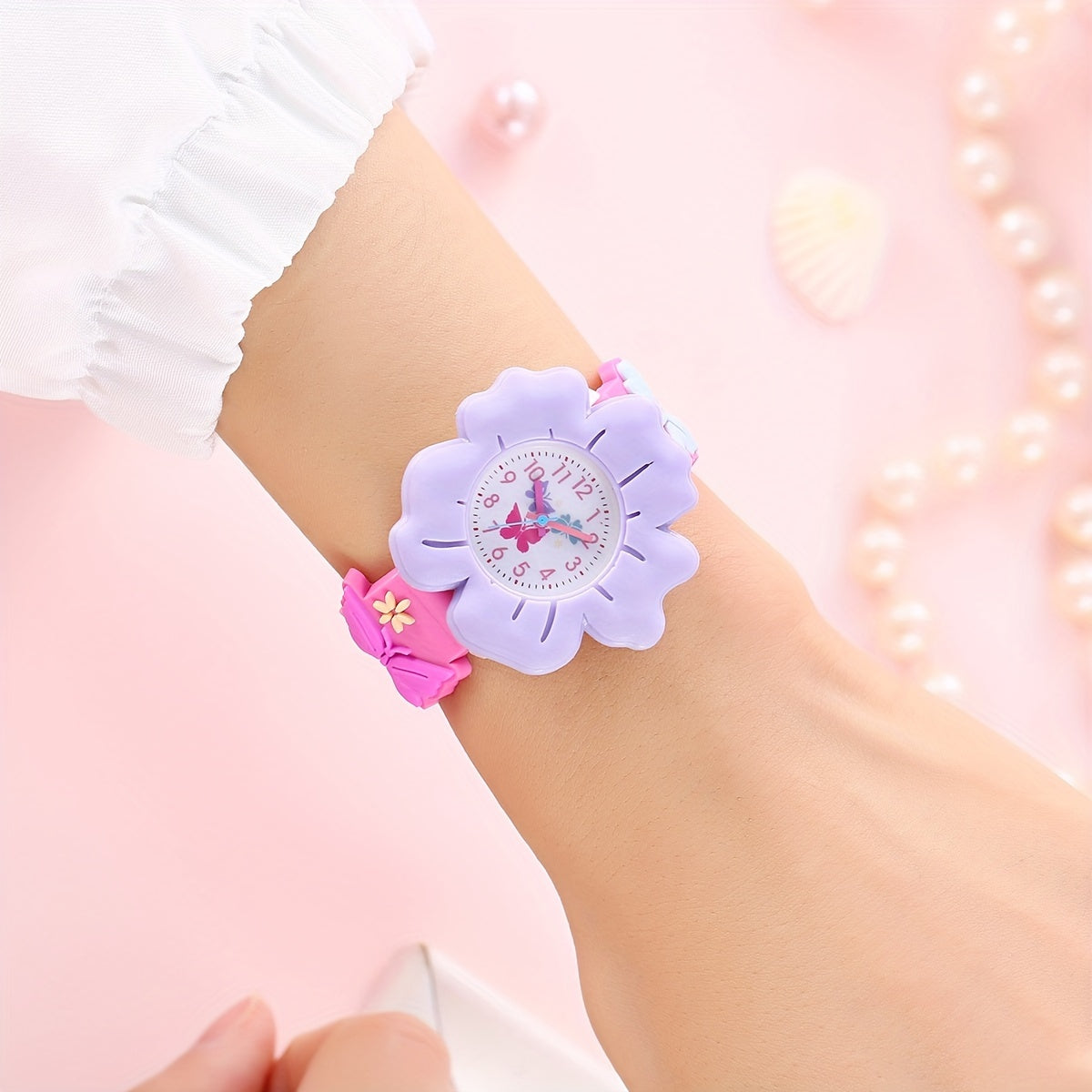 Adorable Girls' 3D Flower & Butterfly Cartoon Watch - Soft PVC, Skin-Friendly Silicone Band, Quartz Movement, Non-Waterproof, Blue