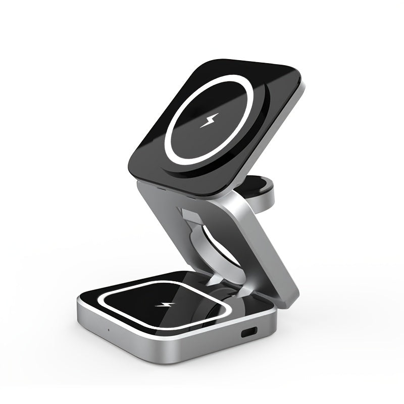 15W Triple Charging Station - Space-Saving Folding Wireless Charger with Magnetic Suction, Plug and Play, Charges Mobile Phone, Earphone, and Watch Simultaneously - Type-C Input, Fast and Convenient Charging