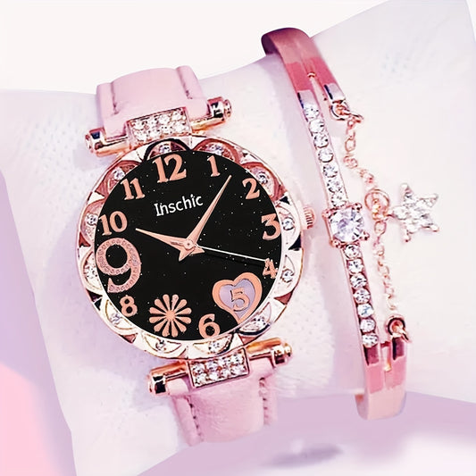 Love Starry Sky Girl Pink Watch And 1pc Rhinestone Bracelet, Gift For Friend