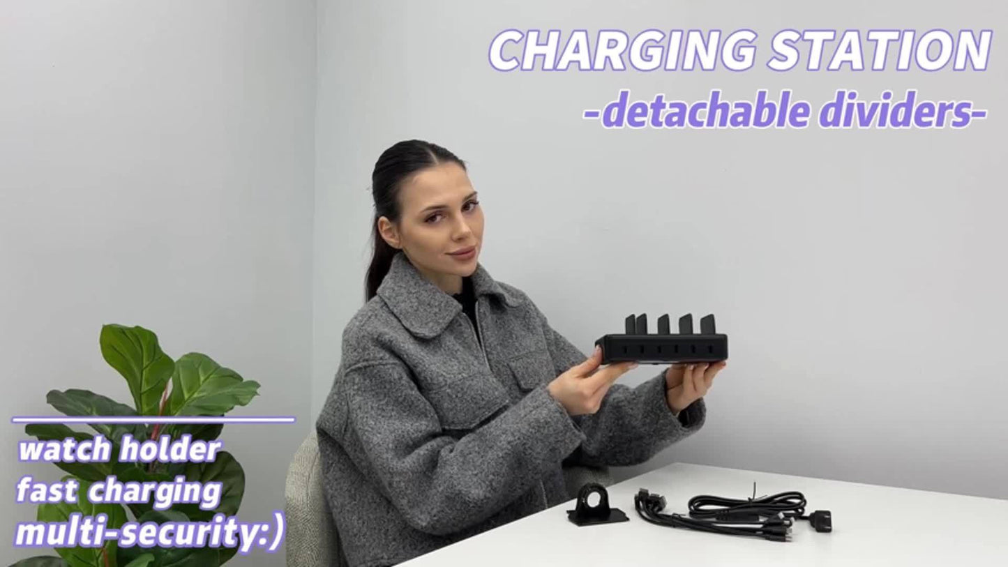 Fast Charging Station For Multiple Devices, 50W 6-Ports USB Charging Station With10-Slot, Detachable Dividers, Watch Holder, Compatible With Phone/iPad/Kindle/Tablet