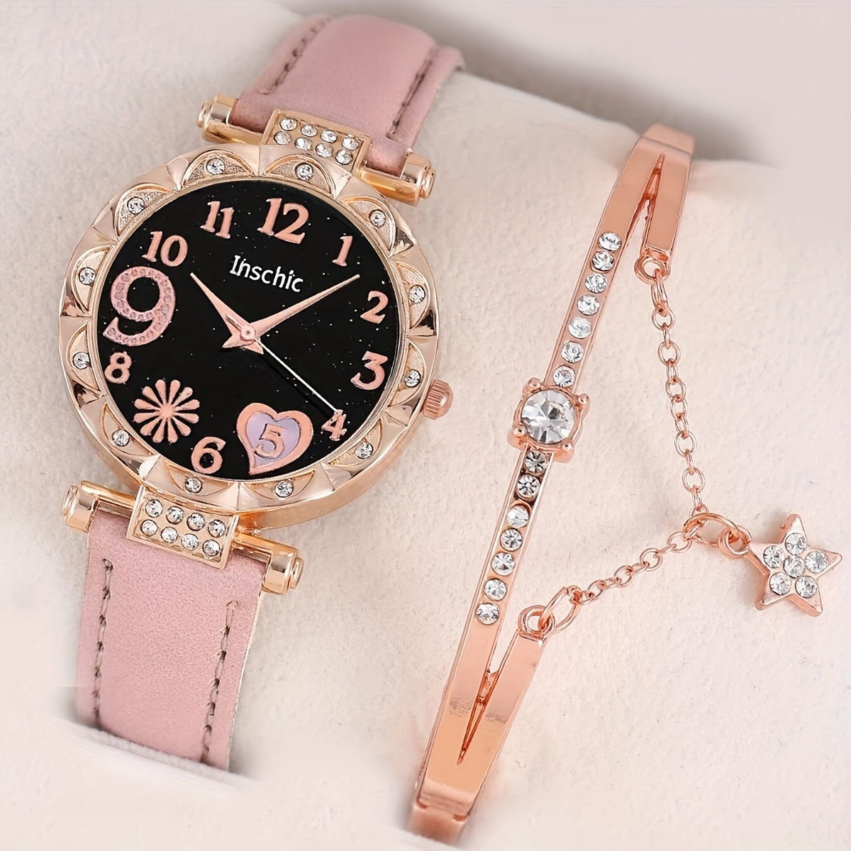Love Starry Sky Girl Pink Watch And 1pc Rhinestone Bracelet, Gift For Friend