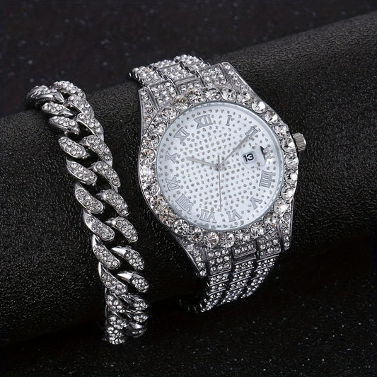 Men's Hip-Hop Inspired Rhinestone Watch with Cuban Bracelet - Street Style Alloy Band, Quartz Movement, Street Street Style