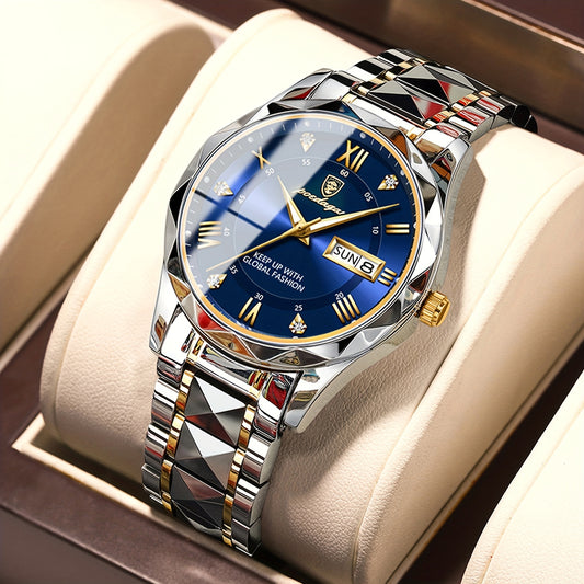 POEDAGAR Men's Stainless Steel Quartz Wristwatch, Luminous Calendar Men's Watch, Ideal Choice For Gifts
