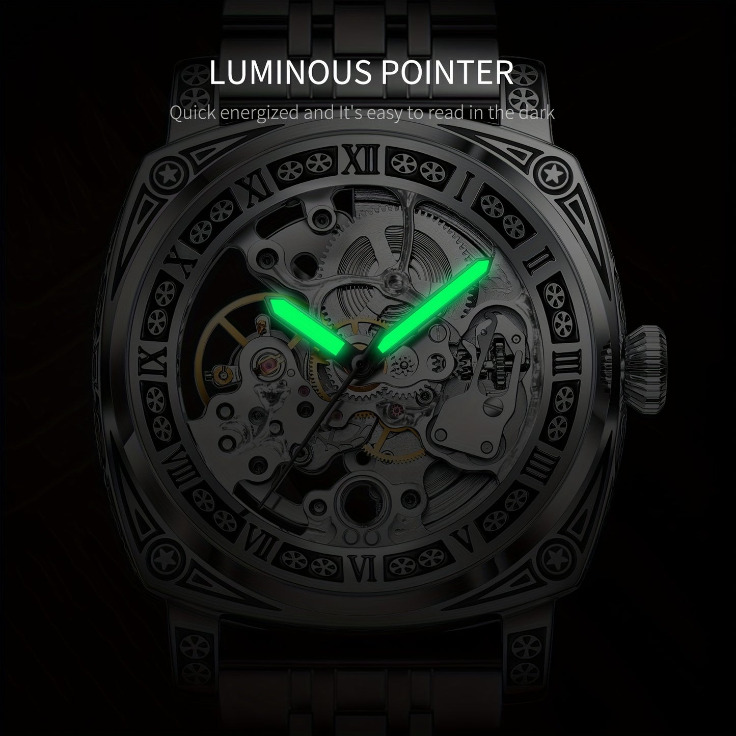 Elegant Waterproof Mechanical Watch for Men: Self-Winding Skeleton with Silver Steel Strap, Vintage Tattoo Case Design, 30m Resistant
