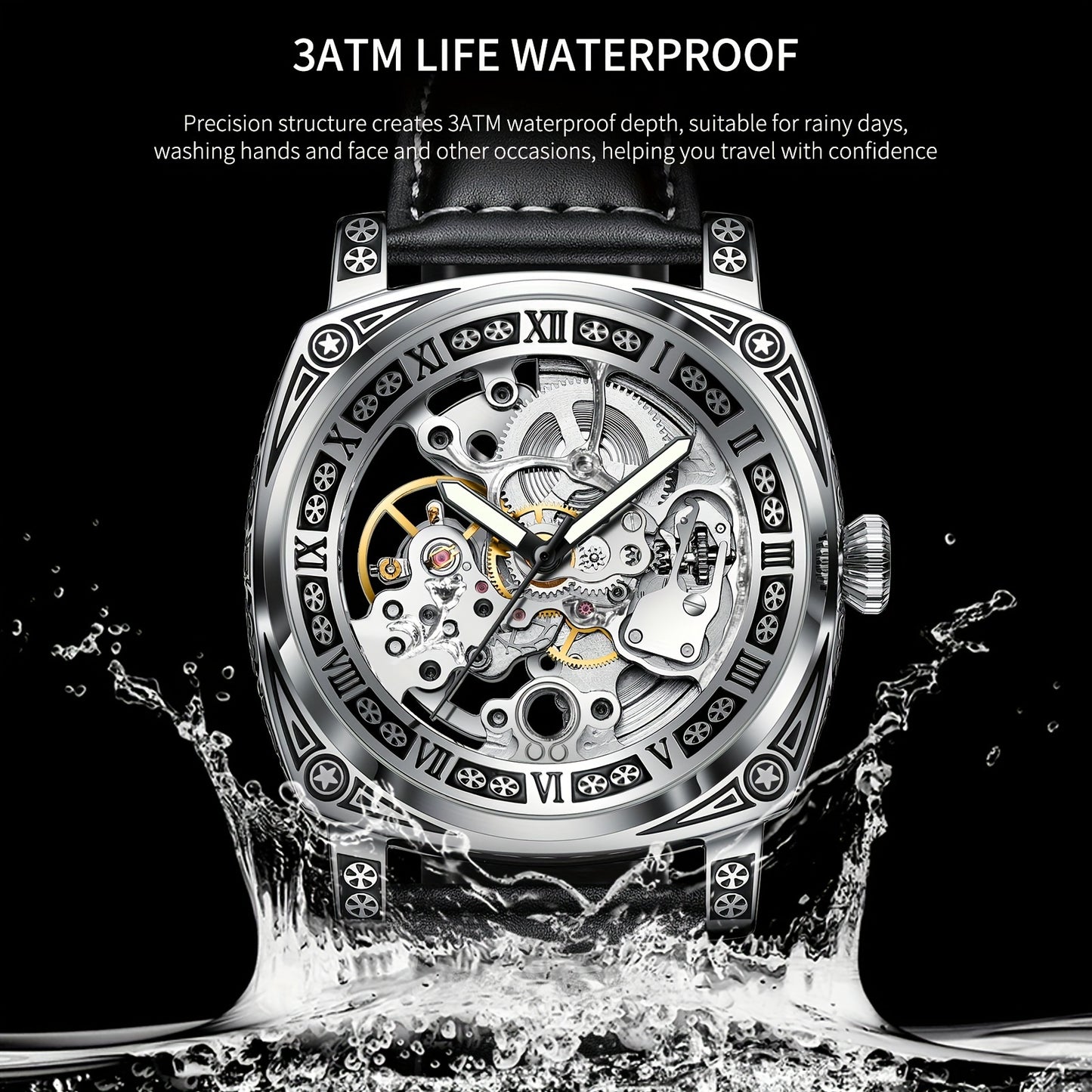 Elegant Waterproof Mechanical Watch for Men: Self-Winding Skeleton with Silver Steel Strap, Vintage Tattoo Case Design, 30m Resistant